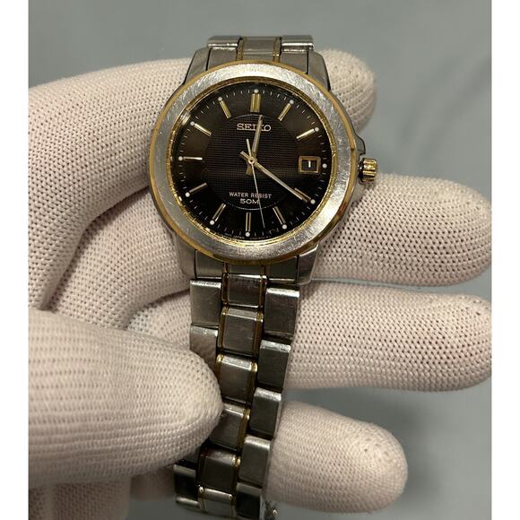 Vintage Seiko V742-8119 Brown Dial Date Watch Two-Tone Stainless Steel 50M - Picture 4 of 9